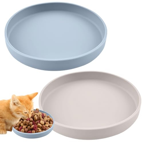 2 kattskålar, kattskål, platt bred silikon färgglada skålar (sjöblå, aprikos)