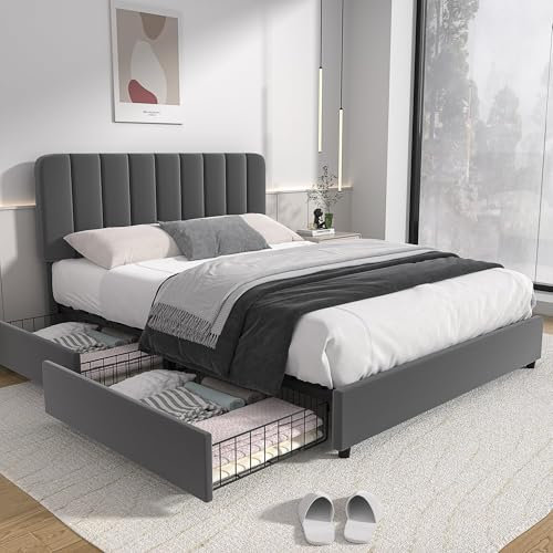 VECELO Polsterbett 160 x 200 cm Doppelbett mit 4 Stauraum Schubladen und Höhenverstellbarem Kopfteil, Stabiler Bettrahmen mit Lattenrost und Bettkasten, Samt, Ohne Matratze, Grau
