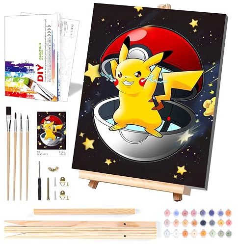 Cartoon Paint by Numbers Kit for Kids with Framed Canvas - with Wooden Easel, Easy Kids Paint by Number Kits Age 8-12, DIY Acrylic Oil Painting Kits with 4 Wooden Brushes Nice Gift Box (12x16 inch)