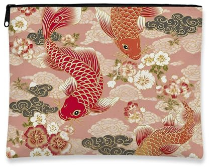 Bolsa de maquillaje de pez carpa, bolsa de viaje para cosméticos de arte japonés para mujer, organizador portátil de lona con cremallera, bolsa de aseo de regalo para festivales, flores de temporada
