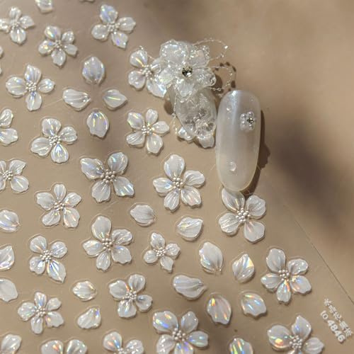 JMEOWIO 3D Embossed White Flower Nail Art Stickers Decals Self-Adhesive 5D Nail Supplies Nail Art Design Decoration Accessories 1 Sheets