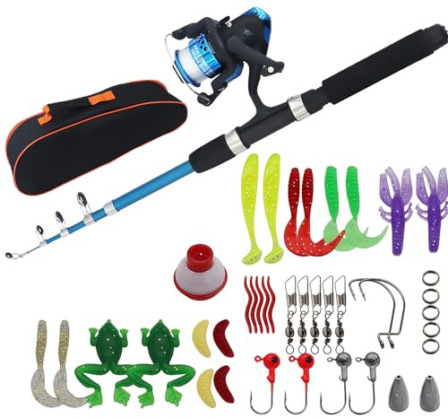 Set Di Canne Da Pesca per Bambini: Set Completo Di Canne Da Pesca Telescopica, Con Mulinello, Esche, Ganci E Accessori Essenziali, 1,5m Canna Da per Bambini Da 3 a 10 Anni (Blu)