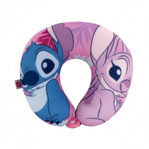 Disney Stitch y Angel Almohada de Viaje para el Cuello, Cojin de Cuello Espuma Viscoelástica, Cojin de Viaje Diseño Ajustable, Regalo para Niñas y Adolescentes