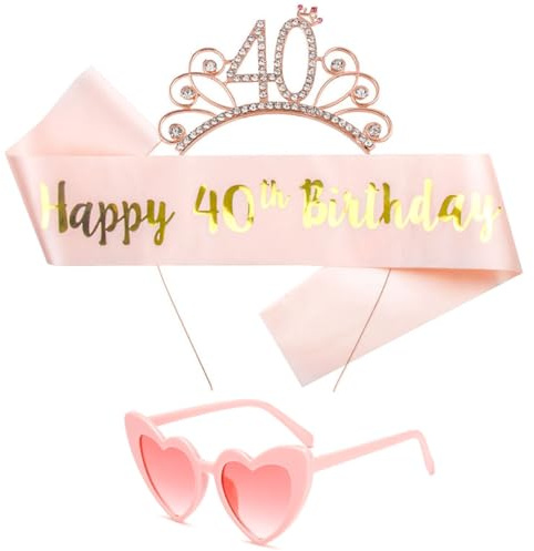 EJRUP Decorazioni Festa 40 Anni Donna: Cintura in Oro Rosa e Coroncinella Compleanno con Occhiali a Forma di Cuore, Decorazione per Compleanno, Regalo per i 40 Anni di una Donna