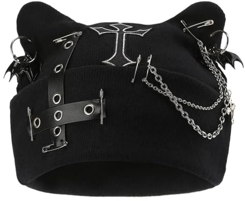 Kattöronmössa Kedjedesign Punk Virkat Streetwear Kläder | Punkaccessoar Till Tonårstjejer Vinter Utomhus Jul Påsk Fest