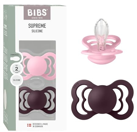 BIBS Supreme Dummy, 6-18 Months, 2-Pack, Symmetrical Teat, Baby Pink/Plum | Silicone | Size 2 | BPA-Free | Made in Denmark | High Teat Acceptance | Airflow Holes | Comfort Shield