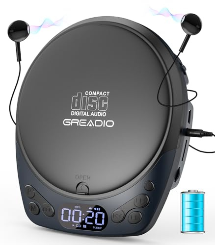 Greadio Portable CD Player, Rechargeable Discman CD Players for Home & Car