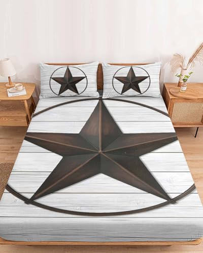 Queen Fitted Bed Sheets Vintage Farm Western Star Brushed Fitted Sheet with Deep Pocket, Soft Microfiber Breathable Bottom Sheet with Pillowcases, White Wood Grain Bedding Sheets
