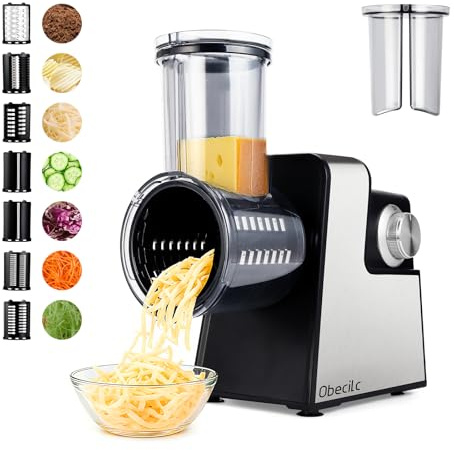 Râpe à fromage électrique, râpe à légumes, acier inoxydable 7 lames EU3 | idéal pour les salades, trancher, râper et moudre, fromage, légumes, noix, biscuits, facile à utiliser.