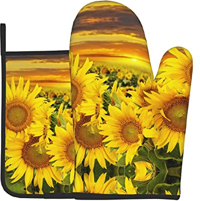 Set di 2 guanti da forno con girasole, per cucinare, barbecue, cucina, idea regalo per chef, amanti, mamma