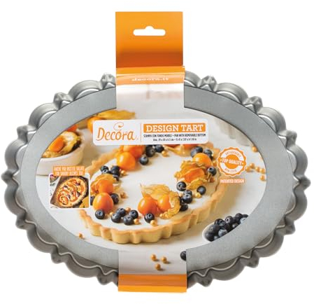 Decora, 0075055 Moule à tarte avec fond mobile de dimensions 29 x 20 x 3 H cm, en acier antiadhésif, ovale, facilite la déformation des bonbons, ligne de design, Argent