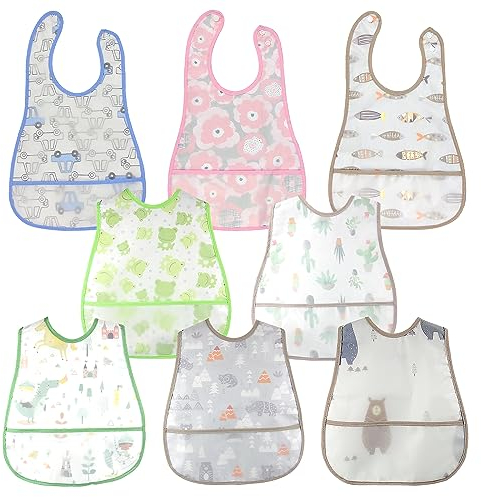 Baby Lätzchen Set Lätzchen Baby: 8 Stück Lätzchen Wasserdicht Kurzarm Lätzchen, Baby Kleinkind Lätzchen Set, Fütterung Lätzchen Schürze mit Eingebauten Tasche für 6-36 Monate Babys/Kleinkinder