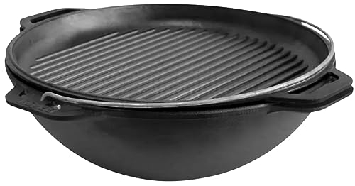 Camping Dutch Oven Topf mit Deckel Brizoll 12,5 Quarts (12 L) - Gusseisen Kochgeschirr Set - Usbekisches Kasan Gusseisen - Premium Camping Kochgeschirr - Asiatischer Kessel - Dutch Oven mit Grill