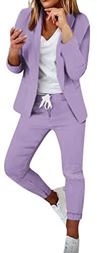 L9WEI Conjunto elegante de blazer de manga larga para mujer, monocolor, corte ajustado, solapa, chaqueta de oficina y pantalones largos, traje de solapa de negocios, morado, M