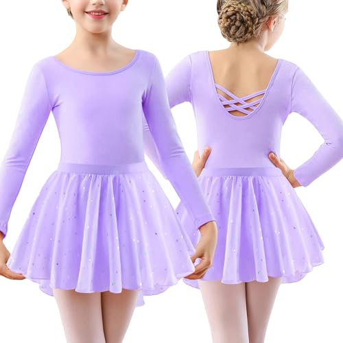 FEOYA Mädchen Ballettkleid Langarm Kinder Ballettkleidung Ballettrock mit Pailletten Glitzer Tanzkleid Tütü Tanzbody aus Baumwolle Ballettanzug Tanz Rock Violett 8-9 Jahre