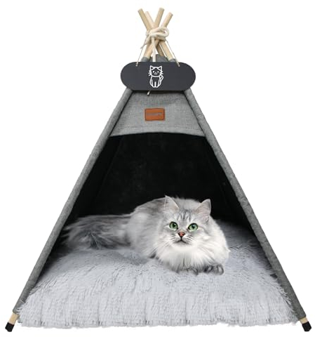 Whiwhi Tipi Zelt für Haustiere Katzenzelt mit Doppelseitiger Plüsch Matte Luxery Hundezelte Hundehöhle Abnehmbar und Waschbar Haustierhäuser 60x60x70cm