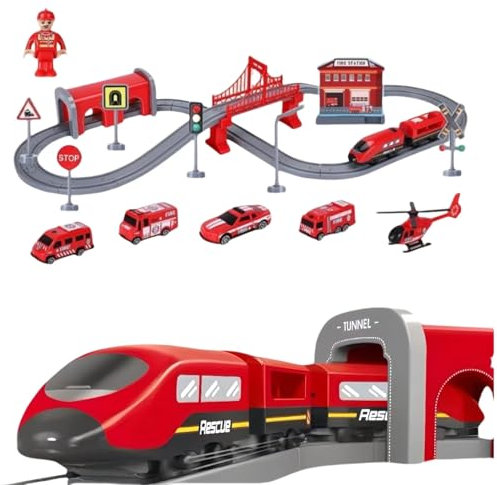 BASAMOU Trenino Elettrico per Bambini 3 4 5 6 7 8 Anni Treno Giocattolo Pista Macchinine, Bambini Giochi Pista da Corsa, Giocattolo educativo Bambino Regalo Compleanno, Natale (Camion dei Pompieri)