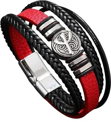 HOPWODE Herrläderarmband, svart rött läderarmband för män, personligt armband med fredssymbol, flätat läderarmband, justerbart manschettarmband, present till pappa, Détails de référence, Läder