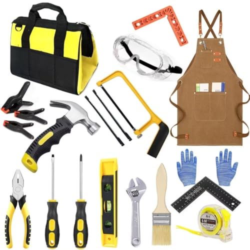 QeeHeng Kinder Werkzeug Set, Kinder Bauwerkzeug Spielzeug Set mit Echten Handwerkzeugen, 20 Stück Anfänger Holzbearbeitungswerkzeuge-Kit, werkzeugtasche&Hammer&handsäge, Geschenk für Jungen Mädchen