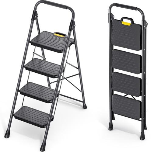 KINGRACK 4 Step Ladder, Sturdy Steel Step Stool with Anti-Slip Wide Pedals, Handrail, Safe-Lock Design, Pass 800lbs Load Testing, Folding Portable Ladder for Multi-Purpose, Home, Kitchen, Black