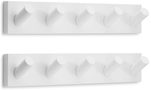 LARHN White Wall-Mounted Coat Rack, 2-Pack - 5 Coat Hooks, 42cm | Bamboo Base, XL Hooks, All Fixings & Install Video Included, Holds Coats, Jackets & Bags, for Children's Rooms, Hallway