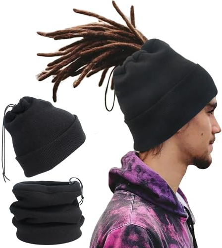 Ababalaya Unisex Satin Lined Knit Open Beanies Rasta Beanie, Black