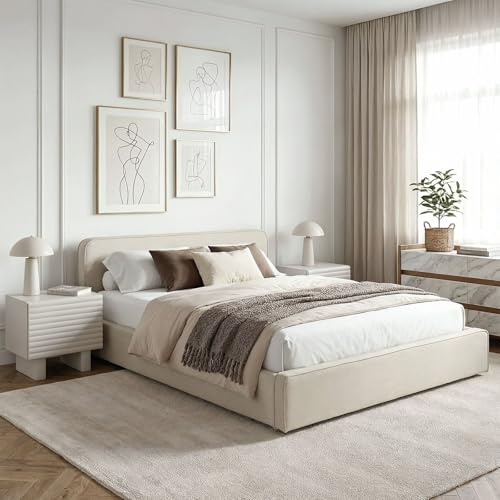 IDIMEX Lit Double BELARTI 140x190 cm rembourré, Revêtement en Tissu, Lit Style Moderne pour 2 Personnes, Cadre de lit en Bois avec sommier Inclus, Blanc crème