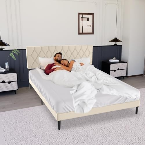 Froadp Letto imbottito 160 x 200 cm - Letto matrimoniale con doghe in legno in ecopelle testiera imbottita con bottoni, base piattaforma per camera da letto, design moderno (beige)