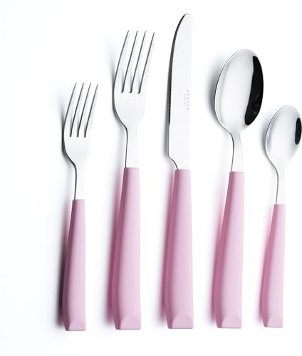 ANNOVA Juego de cubiertos de acero inoxidable, mangos de colores, tenedores, tenedores de ensalada, cuchillo de mesa, cucharada y cucharadita (Rosa claro, 20 piezas)