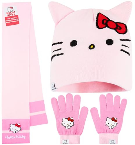 Hello Kitty Sanrio Winter Accessories for Girls, One Size Warm Winter Gloves Beanie Hat & Scarf 2 or 3 Pcs Set, Girls Gifts