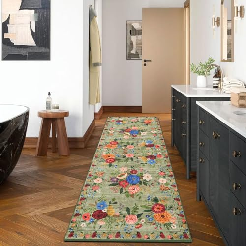BYBSRLL Tapis Vintage à Motif Floral, 60 x 180 cm, antidérapant, Lavable, Style bohème, Vert, idéal pour Couloir, Cuisine, Salon, Descente de lit