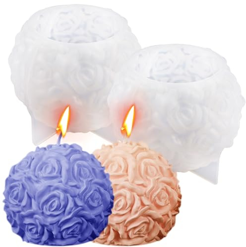 2 PCS Molde para Velas de Rose Bola, Silicona con Forma de Bola de Rosa, Moldes para Velas, 3D Molde Silicona velas Flor, Moldes de silicona para velas Flor para Adornos Artesanales