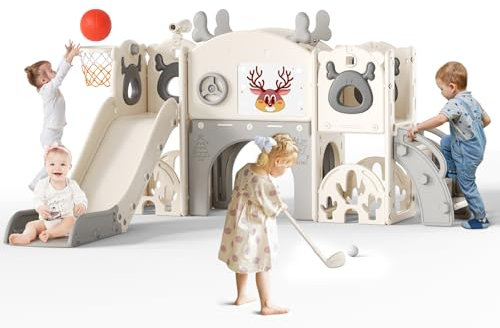 Kids Slide, large toddler slide with basketball hoop, climbing frame for the garden, telescope, storage space, slide, extra long slide 170cm ((7-in-1 Elk Slide-Beige Gray)))