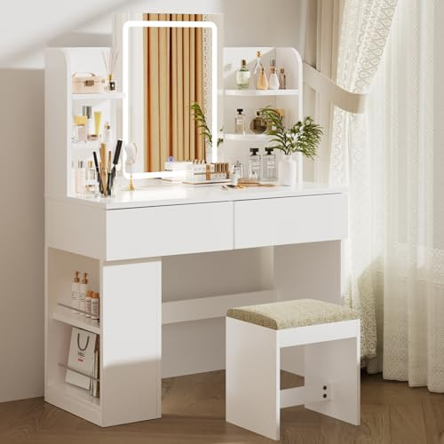 Airfish Schminktisch mit LED Beleuchtung, Frisiertisch mit Hocker und Spiegel, 2 Schubladen, Farbtemperaturen und Helligkeit Einstellbar (Weiß Schminktisch+Hocker)