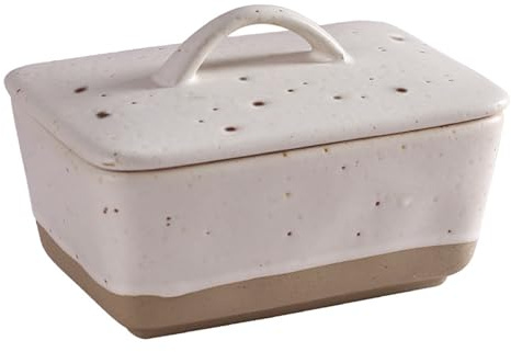 Jinfanshurich Mantequera de cerámica con tapa, rectangular, para mantequilla de 250 g/500 g, caja de almacenamiento de mantequilla rústica, hecha a mano para frigorífico y mesa de comedor (blanco, 350