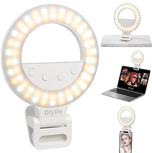 Diyife Selfie Ring Light, [360° Rotation] Rechargeable 1000mAh Selfie Light for Phone, 60 LED 10 Level Brightness Portable Phone Clip on Light for Laptop, Makeup, Vlog, TikTok, Video Recording