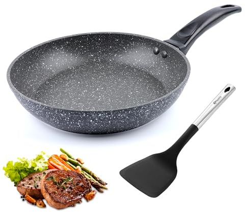 Family Sartén de Aluminio Antiadherente 20 cm + Espátula de Nylon (34,5 x 9,5 cm), Revestimiento Duradero, Apta para Todo Tipo de Cocinas, Fácil de Limpiar, Negro Mármol