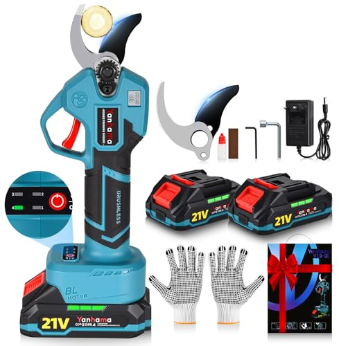 Yanhama Forbici Potatura a Batteria 40 mm, Apertura a 4 Fasi, Lama SK5, Forbici Elettriche con 2× 2000mAh Batterie, Motore Senza Spazzole, Schermo LCD, per Frutteti, Paesaggistica e Giardinaggio