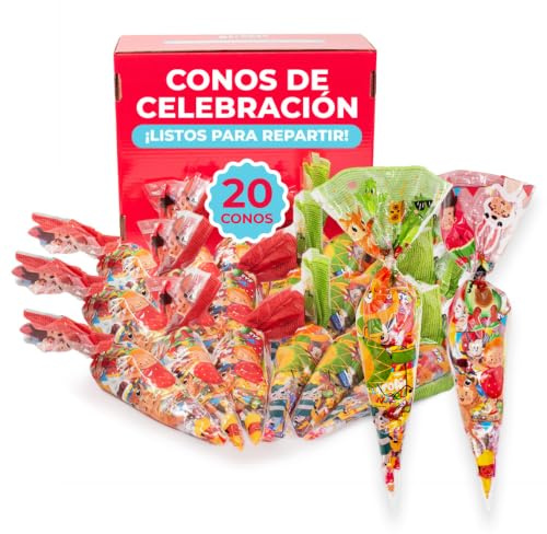 BELROS Pack 20 Conos Infantiles ya Montados en Bolsas. Surtido Golosinas, Chuches, Snack Salado. Ideal Fiestas, Cumpleaños, Celebraciones, Piñata y Eventos. Cucuruchos Rellenos