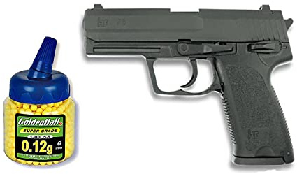 Pack Pistola airsoft HA112 negra metálica. Calibre 6mm. + 1000 Bolas + Funda Portabolas. 62779/21993/23054