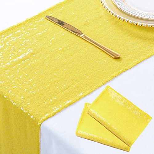ShinyBeauty Yellow Table Runners Pack of 2 Sequin Table Runner 12inx108in Baby Birthday Decorations Dining Table-Runner 108 Inches Long Party Table Cloth Modern Style Wedding Decoration