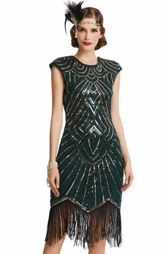 BABEYOND Damen Kleid voller Pailletten 20er Stil Runder Ausschnitt Inspiriert von Great Gatsby Kostüm Kleid (Dunkelgrün Gold, L (Fits 84-88 cm Waist))