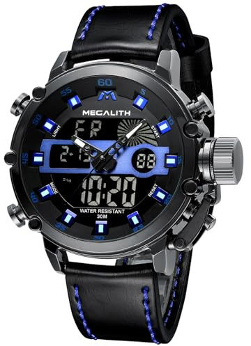 MEGALITH Digitale Orologio Uomo Sportivo: Militare Impermeabile Orologi da Polso Cronometro Allarme - Outdoor Running - Cinturino in Pelle Nero