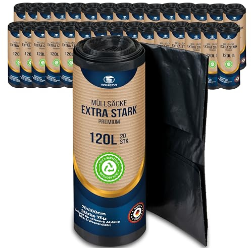 TONECO Profi Müllsäcke 120L EXTRA STARK 70μ - 600 Stück auf 30 Rollen -100% Recycelt - (20 bis 600 Säcke wählbar) - Rollengewicht 1,8 kg - XXL Mülltüten (600)