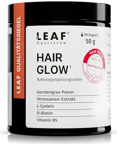 LEAF HAIR GLOW Kapseln vegane Nahrungsergänzung mit Gerstengras, Hirsesamen & L-Cystein | mit D-Biotin für die Haare | für 30 Tage (60 Stück) | nachhaltige Recycled PET-Verpackung & Made in Germany