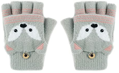 TINAYAUE Kid's Flip Top Warm Half Finger Gloves - Knitted Animal Fox Fingerless Glove Mittens Convertible Winter Gloves for Boy Girl 6-10 Year Olds