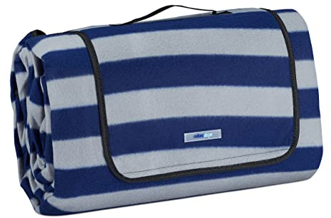 Relaxdays Manta Pícnic XXL, 200x300 cm, Estera Césped Forro Polar a Rayas, Aislante e Impermeable, con Asa, Azul/Gris, Gomaespuma