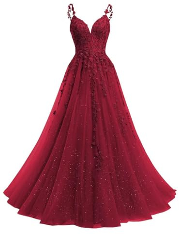 Beyonddress Abito da Sera con Paillettes in Tulle, Lungo, Ballo, con Applicazioni in Pizzo, Scollo a V, Abito da Cerimonia per Donne, Abito da Festa, rosso vivo, 48