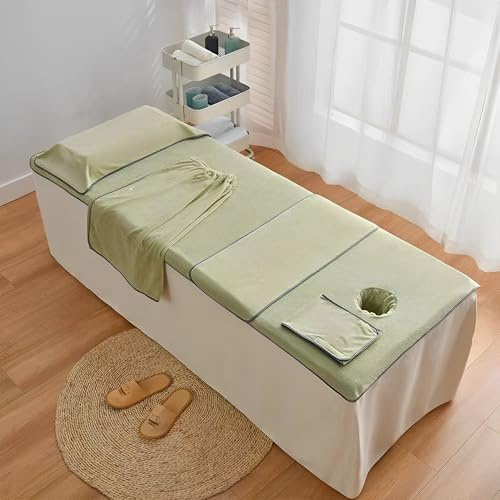 Morbuy Draps de Lit Table de Massage avec Trou, Ensembles 5 pièces Housse de Coussin de Massage Lavable, Serviette de Massage Réutilisable pour Spa Beauté Salon du Visage (Vert Sauge)