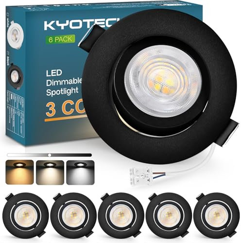 KYOTECH LED Einbaustrahler 230V Dimmbar 68-75mm, 5W LED Spot Ultra Flach 550LM, 3000K/4000K/6500K Deckenspots, 45° Schwenkbar Einbauleuchten, IP44 Einbauspots für Badezimmer, Schwarz 6er Set